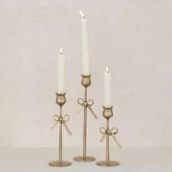 Hand-Forged Iron Taper Candle Holder With Bow, Antique Gold Finish, 3 Size Options