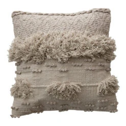 20" Square Cotton Textured Pillow With Fringe, Cream