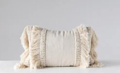 Chenille Woven Lumbar Pillow With Fringe, Cream, 24β