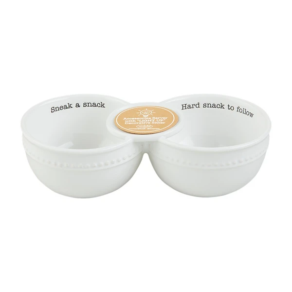 "Sneak A Snack - Hard Snack To Follow" Serving Double Dip Bowl For Light-Up Sitters By Mud Pie 1 "Sneak A Snack - Hard Snack To Follow" Serving Double Dip Bowl For Light-Up Sitters By Mud Pie