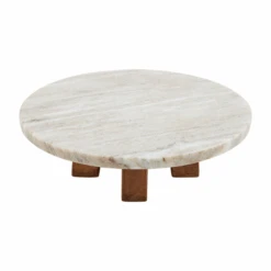 Marble Wood Pedestal Stand By Mud Pie (Pick Up Only)
