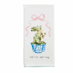 "Hello Spring" Topiary Bunny Rabbit Kitchen Towel By Mud Pie