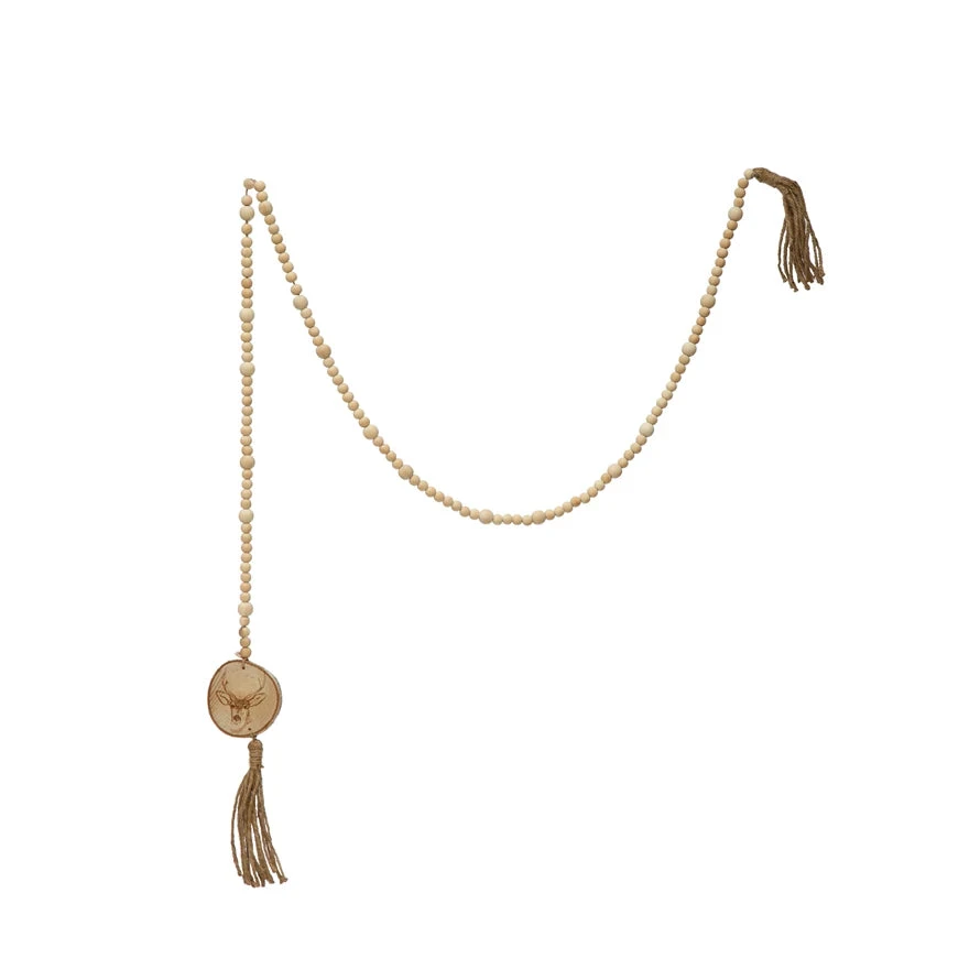 72"L Paulownia Wood Bead Garland With Deer Icon And Tassels 1 72"L Paulownia Wood Bead Garland With Deer Icon And Tassels