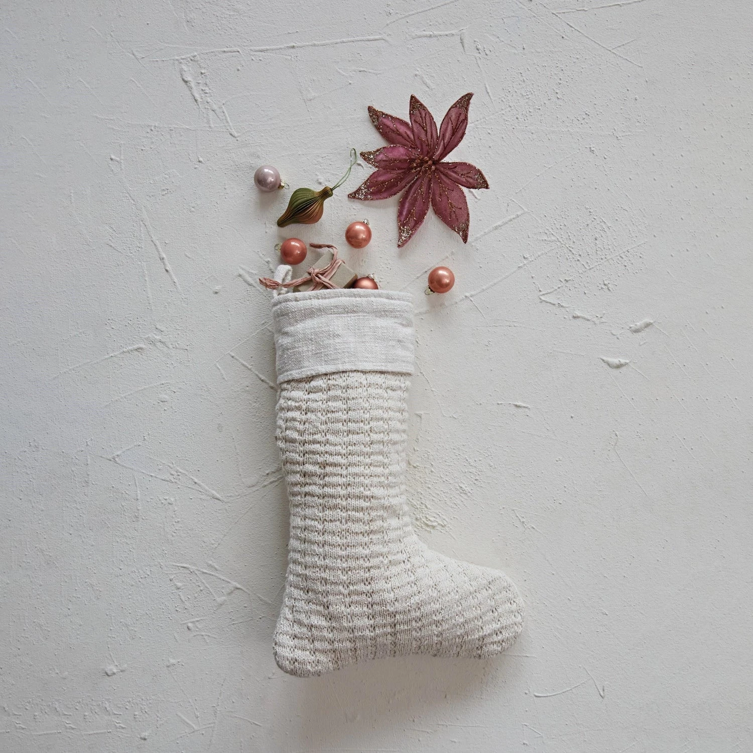 Wool Knit Stocking With Cotton Slub Cuff, Cream 1 Wool Knit Stocking With Cotton Slub Cuff, Cream