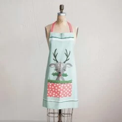 Reindeer Printed Apron With Holly & Polka Dot Pocket