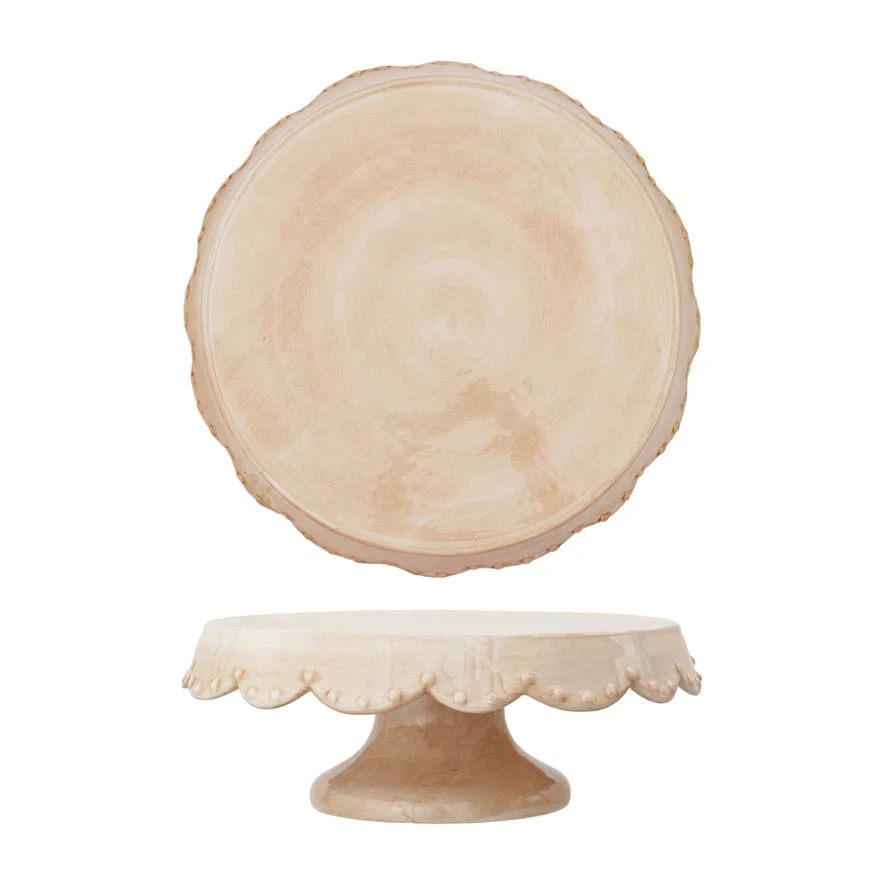 Hand-Painted Stoneware Pedestal With Scalloped Edge & Embossed Dots (Pick Up Only) 2 Hand-Painted Stoneware Pedestal With Scalloped Edge & Embossed Dots (Pick Up Only) - Image 2