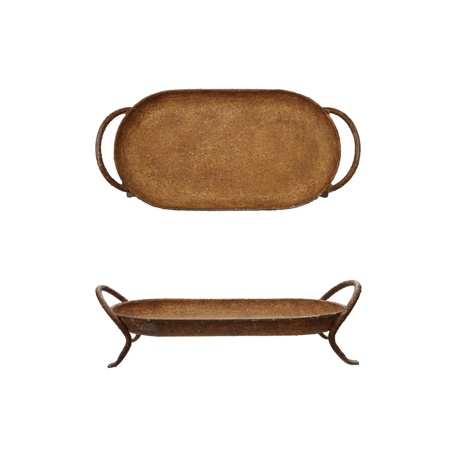 Decorative Metal Footed Tray With Handles, Rust Finish 1 Decorative Metal Footed Tray With Handles, Rust Finish
